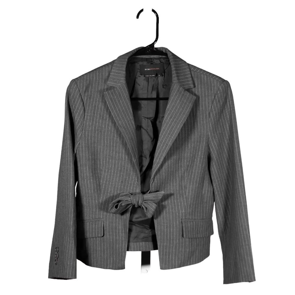 BCBG Max Azria Women's Blazer Gray Striped Stretch Tie Front Lined Suit Jacket S